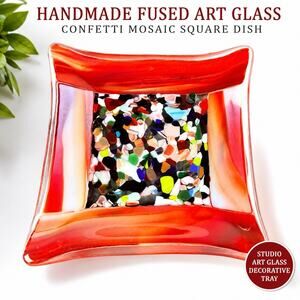 Studio Art Glass Tray Red Confetti Fused Mosaic Square Dish MCM Handmade